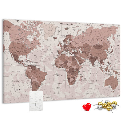 Korková nástenka na stenu Mapa sveta v odtieňoch ružovej.