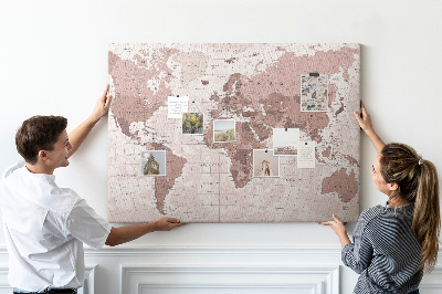 Korková nástenka na stenu Mapa sveta v odtieňoch ružovej.