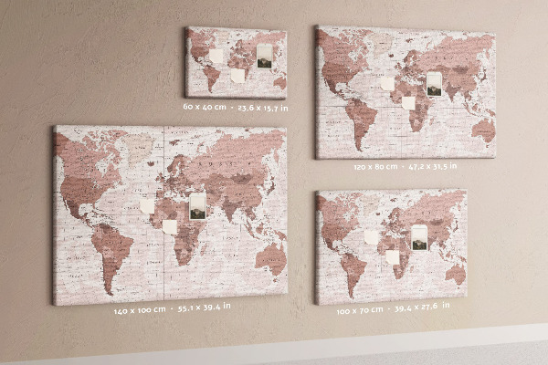 Korková nástenka na stenu Mapa sveta v odtieňoch ružovej.