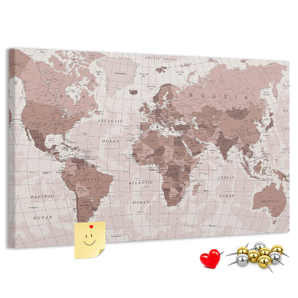 Korková nástenka na stenu Mapa sveta v odtieňoch ružovej.