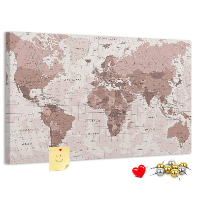 Korková nástenka na stenu Mapa sveta v odtieňoch ružovej.