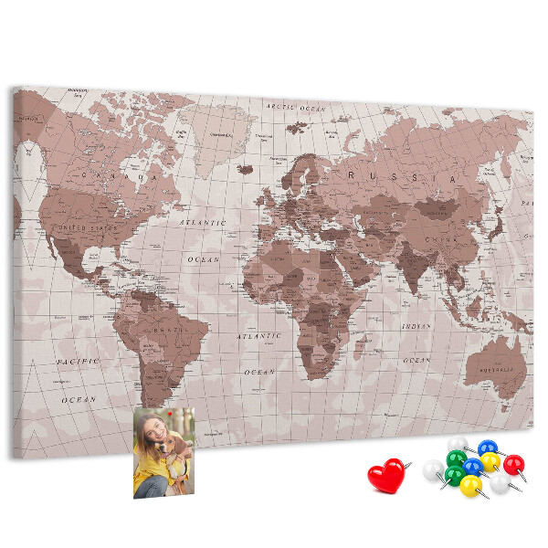 Korková nástenka na stenu Mapa sveta v odtieňoch ružovej.