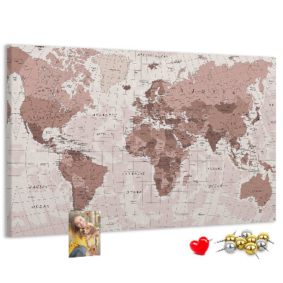 Korková nástenka na stenu Mapa sveta v odtieňoch ružovej.