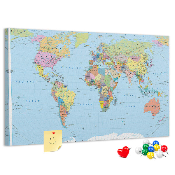 Korková nástenka na stenu Mapa sveta s farebnými kontinentmi.