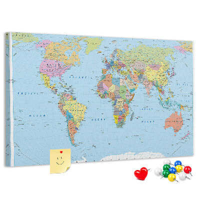 Korková nástenka na stenu Mapa sveta s farebnými kontinentmi.