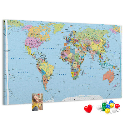 Korková nástenka na stenu Mapa sveta s farebnými kontinentmi.