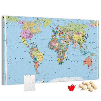 Korková nástenka na stenu Mapa sveta s farebnými kontinentmi.