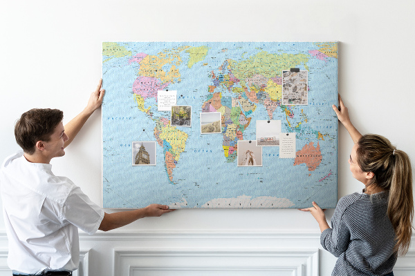 Korková nástenka na stenu Mapa sveta s farebnými kontinentmi.