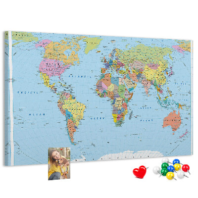 Korková nástenka na stenu Mapa sveta s farebnými kontinentmi.