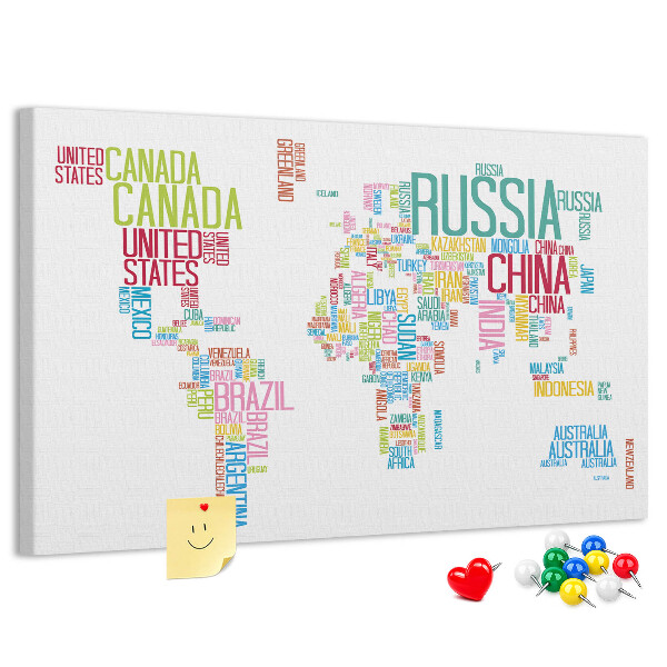 Korková tabuľa Mapa sveta s farebnými názvami krajín