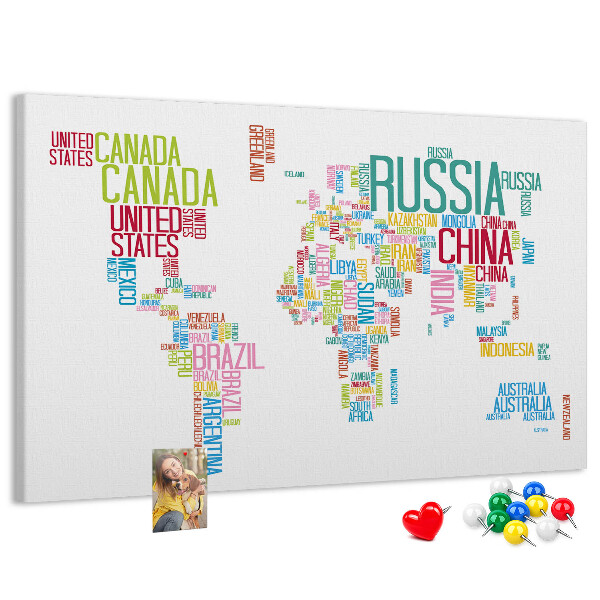 Korková tabuľa Mapa sveta s farebnými názvami krajín
