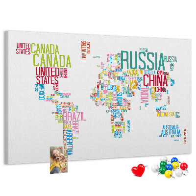 Korková tabuľa Mapa sveta s farebnými názvami krajín