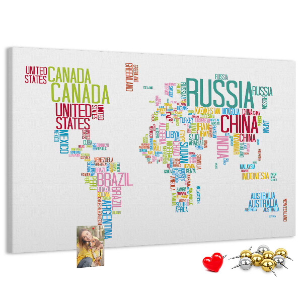 Korková tabuľa Mapa sveta s farebnými názvami krajín