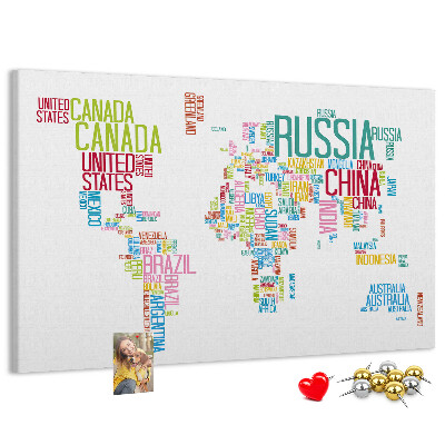 Korková tabuľa Mapa sveta s farebnými názvami krajín