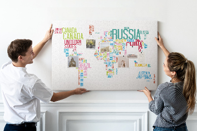 Korková tabuľa Mapa sveta s farebnými názvami krajín