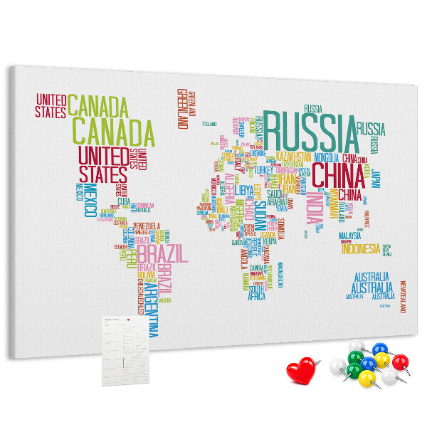 Korková tabuľa Mapa sveta s farebnými názvami krajín