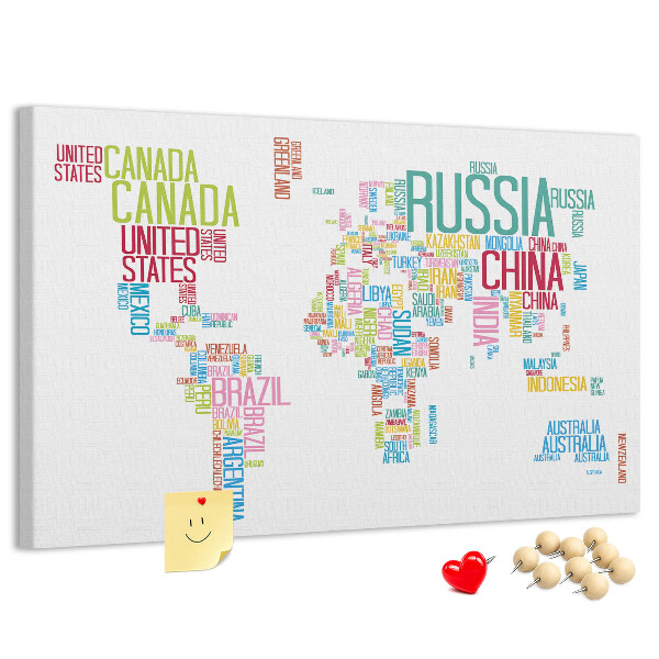 Korková tabuľa Mapa sveta s farebnými názvami krajín