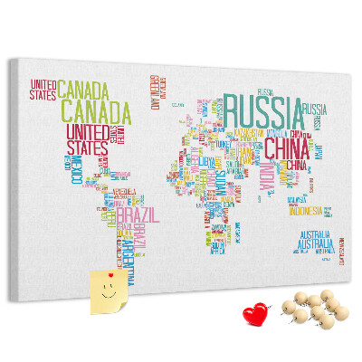 Korková tabuľa Mapa sveta s farebnými názvami krajín
