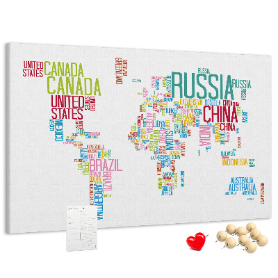 Korková tabuľa Mapa sveta s farebnými názvami krajín