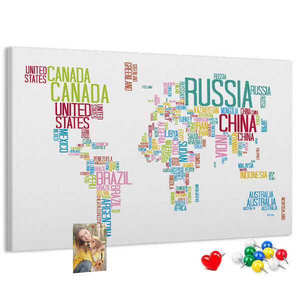 Korková tabuľa Mapa sveta s farebnými názvami krajín