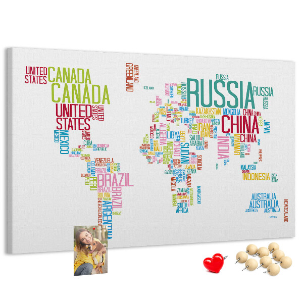 Korková tabuľa Mapa sveta s farebnými názvami krajín