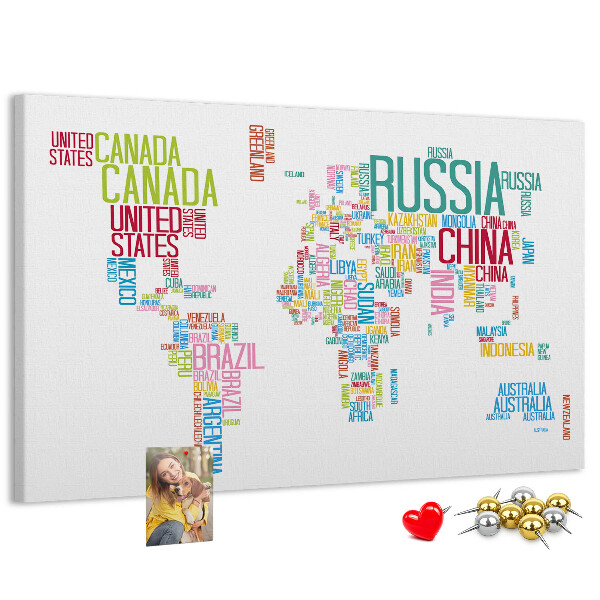 Korková tabuľa Mapa sveta s farebnými názvami krajín