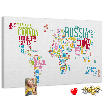 Korková tabuľa Mapa sveta s farebnými názvami krajín