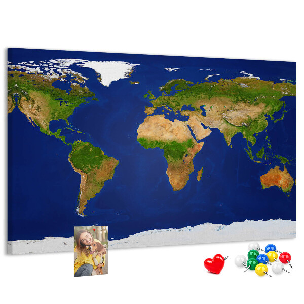Korková nástenka na stenu Mapa sveta s farebnými špendlíkmi.