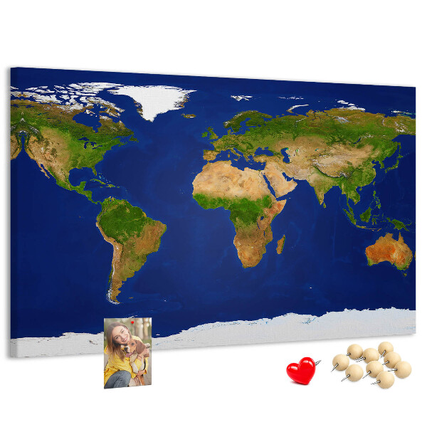 Korková nástenka na stenu Mapa sveta s farebnými špendlíkmi.