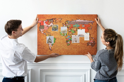 Korková tabuľa Mapa sveta s vlajkami krajín