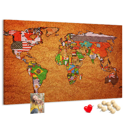 Korková tabuľa Mapa sveta s vlajkami krajín