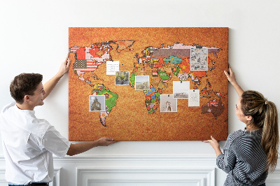 Korková tabuľa Mapa sveta s vlajkami krajín