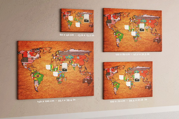Korková tabuľa Mapa sveta s vlajkami krajín