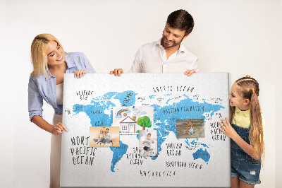 Korková tabuľa Mapa sveta s názvami oceánov a krajín