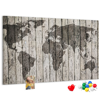 Korková nástenka na stenu Mapa sveta na pozadí drevených dosiek