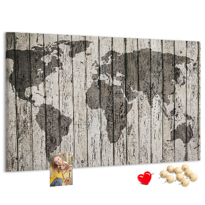 Korková nástenka na stenu Mapa sveta na pozadí drevených dosiek