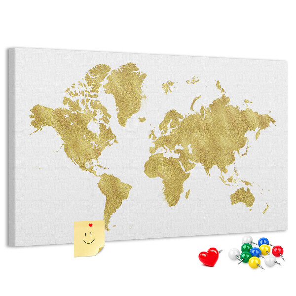 Korková nástenka na stenu Zlatá mapa sveta na bielom pozadí
