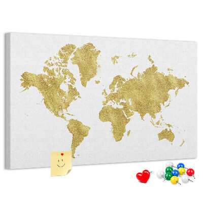 Korková nástenka na stenu Zlatá mapa sveta na bielom pozadí