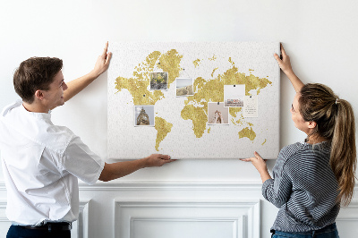 Korková nástenka na stenu Zlatá mapa sveta na bielom pozadí