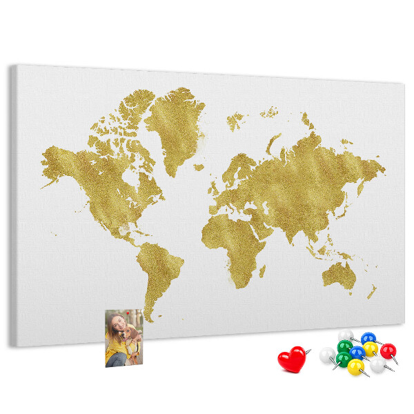Korková nástenka na stenu Zlatá mapa sveta na bielom pozadí