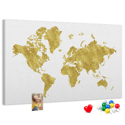 Korková nástenka na stenu Zlatá mapa sveta na bielom pozadí