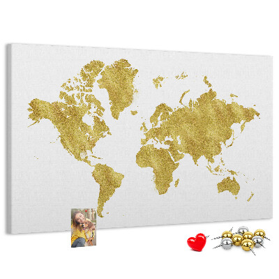 Korková nástenka na stenu Zlatá mapa sveta na bielom pozadí