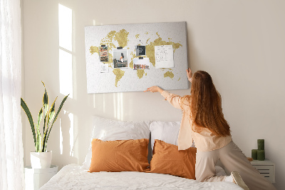 Korková nástenka na stenu Zlatá mapa sveta na bielom pozadí