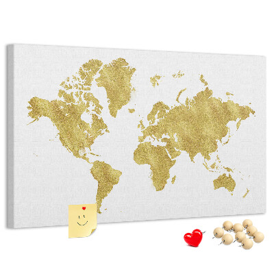 Korková nástenka na stenu Zlatá mapa sveta na bielom pozadí