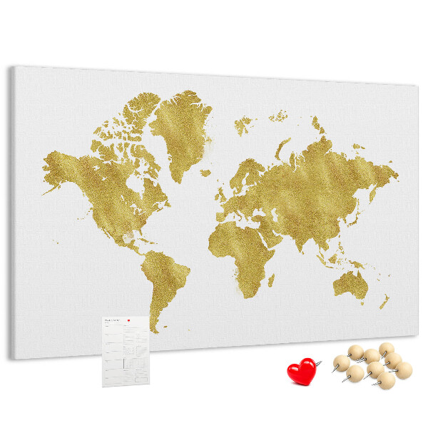Korková nástenka na stenu Zlatá mapa sveta na bielom pozadí