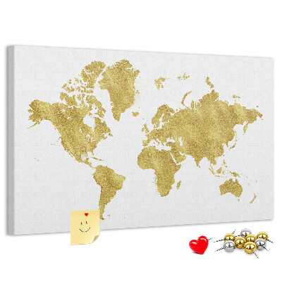 Korková nástenka na stenu Zlatá mapa sveta na bielom pozadí