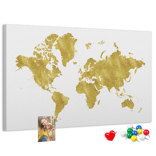 Korková nástenka na stenu Zlatá mapa sveta na bielom pozadí