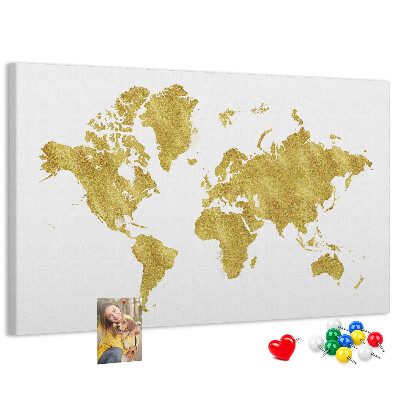 Korková nástenka na stenu Zlatá mapa sveta na bielom pozadí