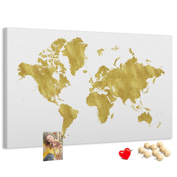 Korková nástenka na stenu Zlatá mapa sveta na bielom pozadí