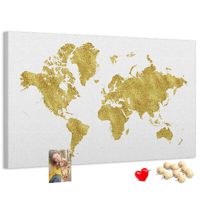 Korková nástenka na stenu Zlatá mapa sveta na bielom pozadí